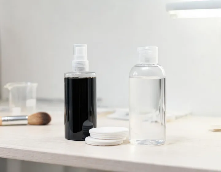 toner vs micellar water on a cosmetics bench, illustration only