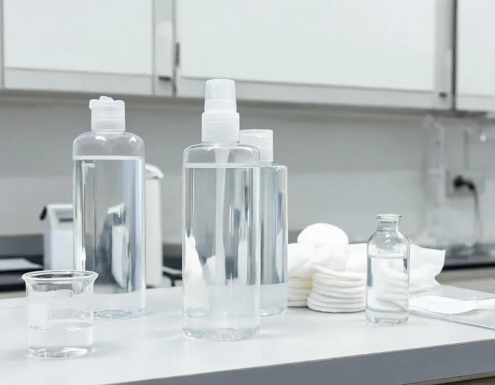 micellar water cleanser on a cosmetics bench, illustration only