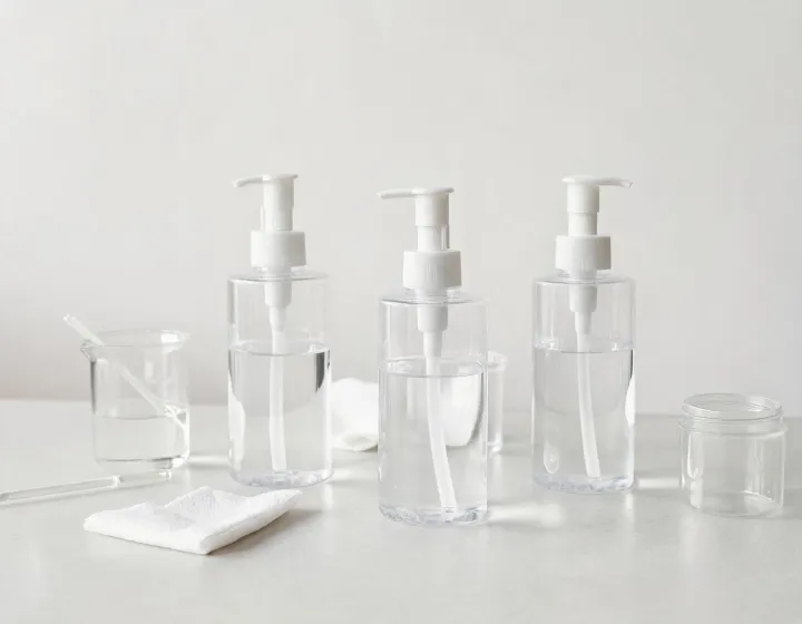 micellar water cleanser on a cosmetics bench, illustration only